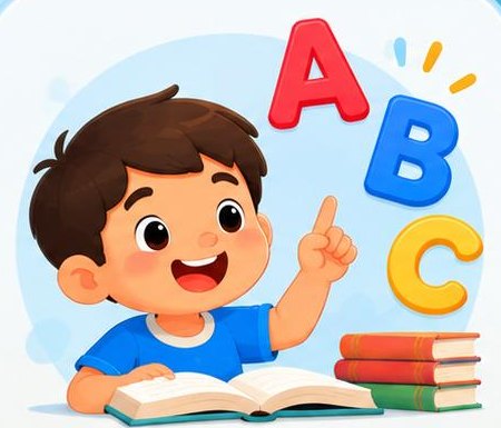 A boy learning English letters